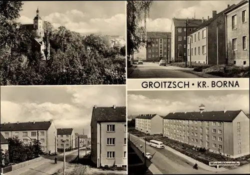 Ak Groitzsch in Sachsen, Windmühlenstraße, Kirche