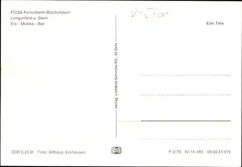 Ak Lengenfeld unterm Stein Südeichsfeld, FDGB Ferienheim Bischofstein, Eis Mokka Bar