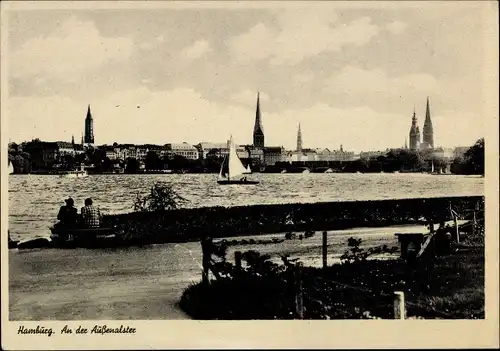 Ak Hamburg Nord Uhlenhorst, an der Außenalster, Panorama, Segelboot