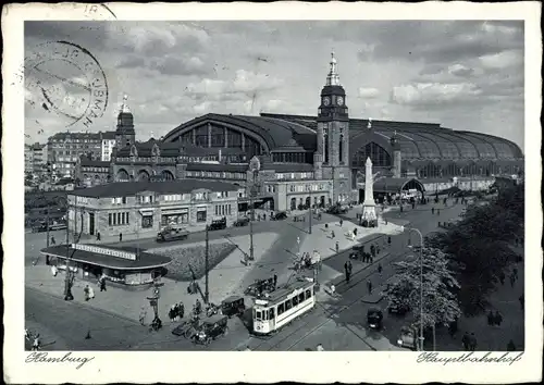 Ak Hamburg Mitte Sankt Georg, Hauptbahnhof, Bahnhofsgebäude, Straßenbahn, Vogelperspektive
