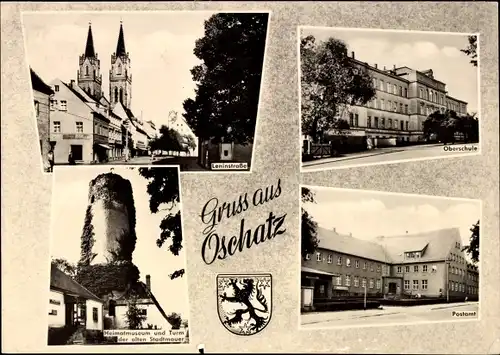 Ak Oschatz in Sachsen, Leninstraße, Oberschule, Postamt, Heimatmuseum und Turm der alten Stadtmauer