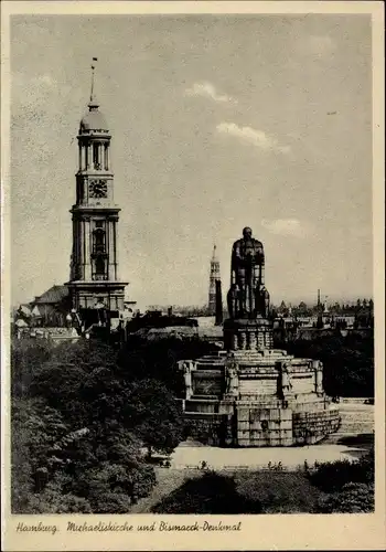 Ak Hamburg Mitte Neustadt Michaeliskirche und Bismarck Denkmal