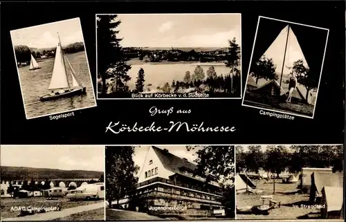 Ak Körbecke Möhnesee in Nordrhein Westfalen, Segelsport, Campingplätze, Panorama, Jugendherberge