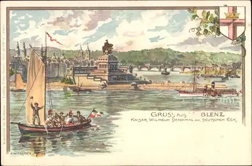 Litho Koblenz am Rhein, Kaiser Wilhelm Denkmal am Deutschen Eck