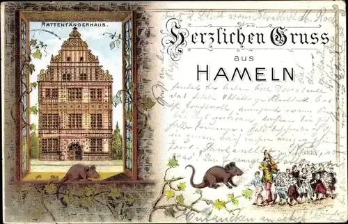 Litho Hameln an der Weser Niedersachsen, Rattenfängerhaus, Rattenfänger, Kinder, Ratten