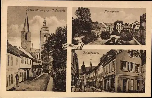Ak Neustadt an der Haardt Weinstraße, Rathausstraße mit Stiftskirche, Neptunplatz, Kellereistraße