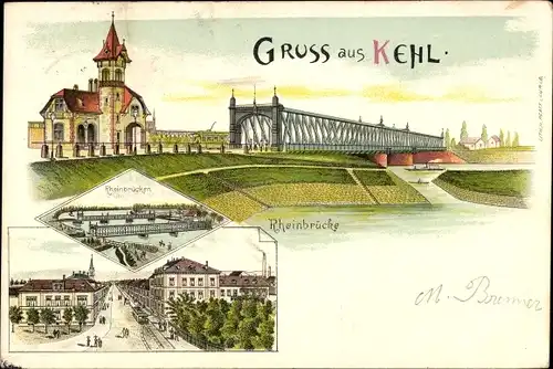 Litho Kehl am Rhein, Rheinbrücken, Panorama, Straßenpartie