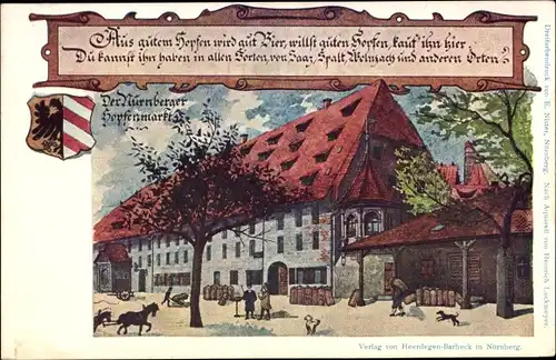 Wappen Ak Nürnberg in Mittelfranken, Nürnberger Hopfenmarkt, spielende Hunde, Arbeiter, Pferde