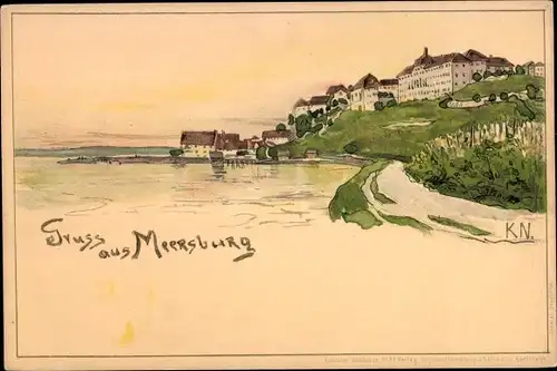 Künstler Litho Meersburg am Bodensee Blick auf den Ort, Seepartie