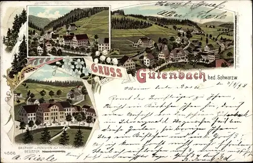 Litho Gütenbach BW, Teilansichten, Gasthof und Pension zur Hochburg, Bes. Louis Hummel