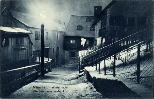 Ak Vorstadt Au München, Winternacht, Fischerstraße