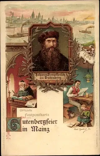 Künstler Litho Mainz am Rhein, Gutenbergfeier, Johann Gensfleisch zu Gutenberg