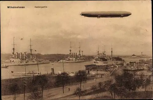 Ak Wilhelmshaven in Niedersachsen, Hafen, Kriegsschiffe, Zeppelin