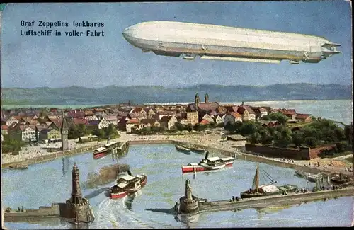 Ak Lindau am Bodensee Schwaben, Zeppelins lenkbares Luftschiff über der Stadt, Hafeneinfahrt