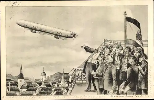 Künstler Ak Die erste Luft Personenpost, Zeppelin, Schaulustige