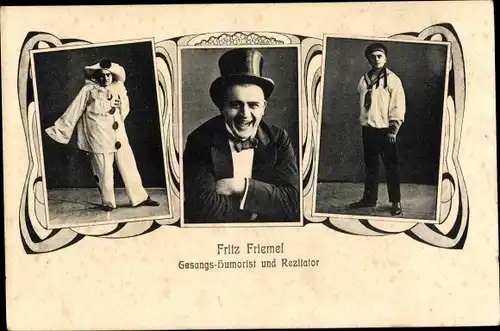 Ak Fritz Friemel, Gesangs-Humorist und Rezitator, kostumierte Ganzkörperportraits