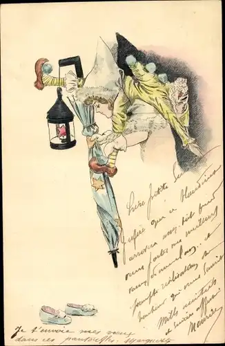 Künstler Ak Kind mit Clowns Puppe und Laterne