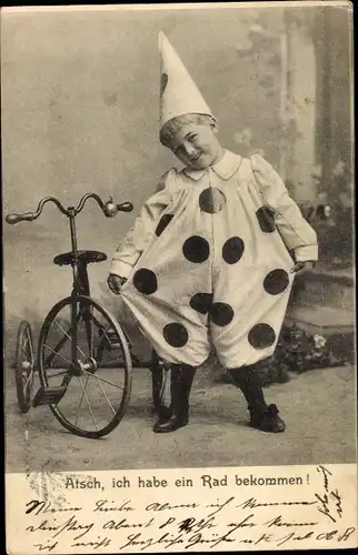 Ak kostümierter Junge mit Dreirad, Clown, Portrait