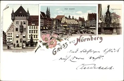 Litho Nürnberg in Mittelfranken, Nassauer Haus, Markt, Tugendbrunnen