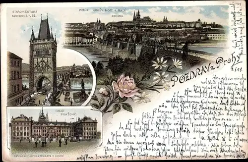 Litho Praha Prag Tschechien, Karlsbrücke, Mala Strana, Hrad Prazsky