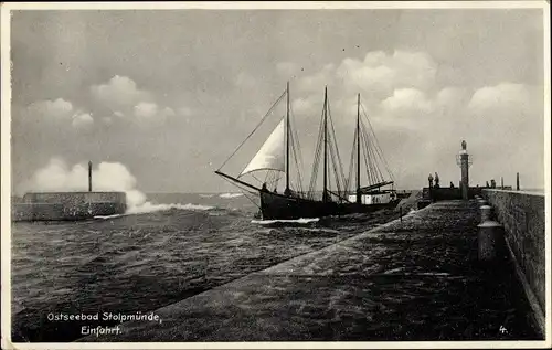 Ak Ustka Stolpmünde Pommern, Hafeneinfahrt, Segelschiff