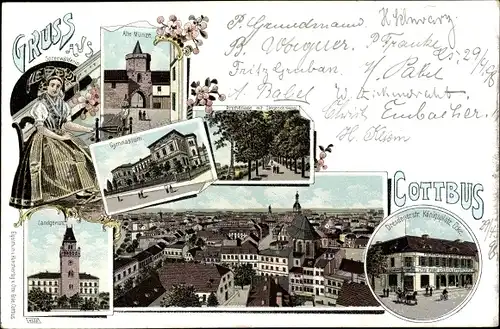 Litho Cottbus Brandenburg, Alte Münze, Dresdner Straße Ecke Königsplatz, Frau in Tracht