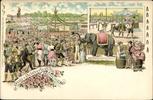 Litho München, Oktoberfest, Gäste, Elefant, Kuh