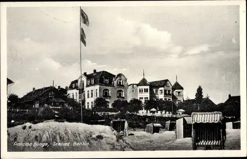 Ak Ostseebad Bansin Heringsdorf auf Usedom, Pension Runge, Strandpromenade, Strandkörbe