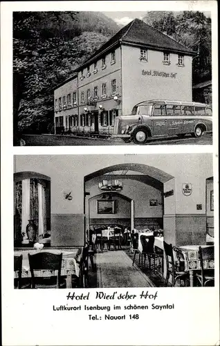 Ak Isenburg im Sayntal Westerwald, Hotel Wied'scher Hof, Innenansicht, Autobus