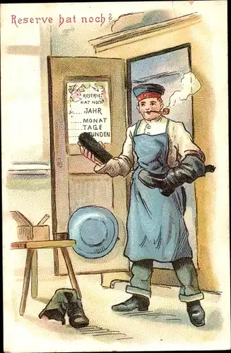 Litho Reserve-Soldat mit Pfeife beim Schuhputzen, Soldatenleben