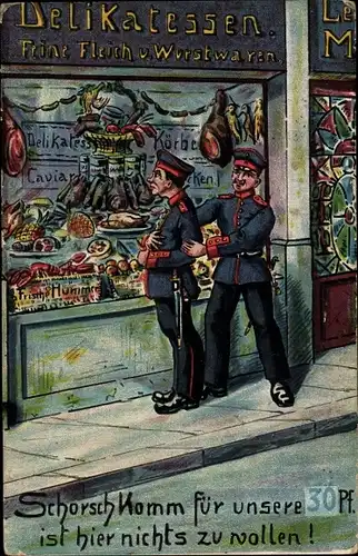 Ak Deutsche Soldaten vor einem Delikatessen-Laden, Essen, Armut