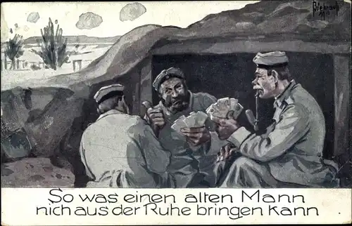 Künstler Ak Biebrach, Deutsche Landser, Kartenspiel, Schützengraben, So was einen alten Mann, I. WK