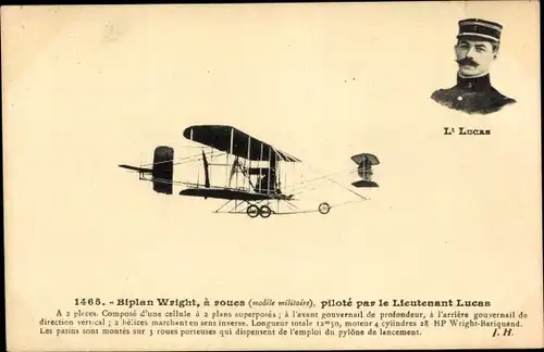 Ak Biplan Wright, à roues, Modèle militaire, Piloté par le Lieutenant Lucas