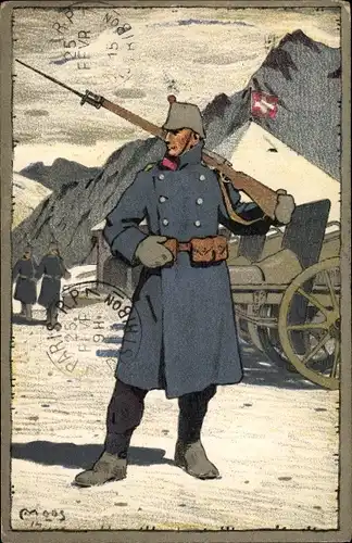 Künstler Ak Schweizerischer Soldat in Uniform, Berge, Wache, Geschütz