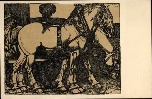 Künstler Ak Boehle, Fr., Fuhrmann mit Pferden, Arbeitspferde, Kaltblüter