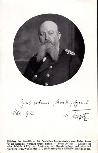 Ak Großadmiral Alfred von Tirpitz, Nachfolger Hollmanns, Portrait, Ziel erkannt, Kraft gespannt