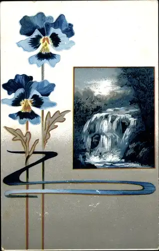Ak Stiefmütterchen, Wasserfall bei Nacht, Mondschein