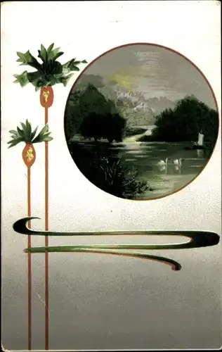 Ak Blühende Blumen, Flusspartie, Schwäne