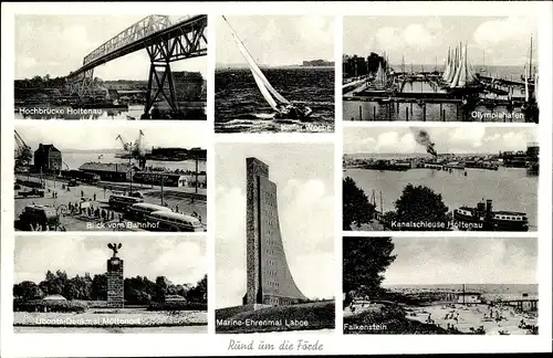 Ak Kiel in Schleswig Holstein, Hochbrücke Holtenau, Uboots Denkmal Möltenort, Olympiahafen, Laboe