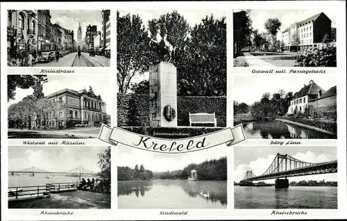 Ak Krefeld am Niederrhein, Rheinstraße, Westwall mit Museum, Rheinbrücke, Burg Linn, Passagehaus