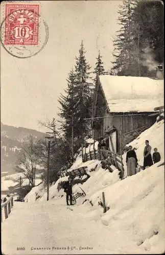 Ak Kanton Genf? Schweiz, Holzhaus an einer Bergstraße, Winter, Verleger Charnaux Frère, Geneve