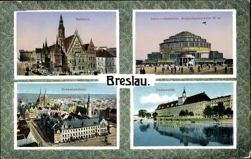 Ak Wrocław Breslau Schlesien, Rathaus, Jahrhunderthalle, Universität, Gesamtansicht der Stadt