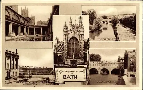 Ak Bath Somerset England, The Roman Bath, Royal Cresent, Pulteney Bridge, River Avon, Abbey