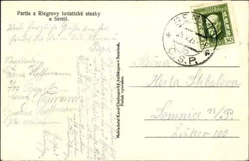 Ak Semil Semily Region Reichenberg, Partie z Riegrovy turisticke stezky u Semil, Angler, Fluss