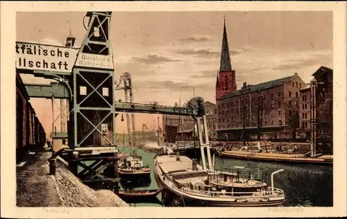 Ak Duisburg im Ruhrgebiet, Hafenpartie, Transportboote, Kran, Lagerhaus