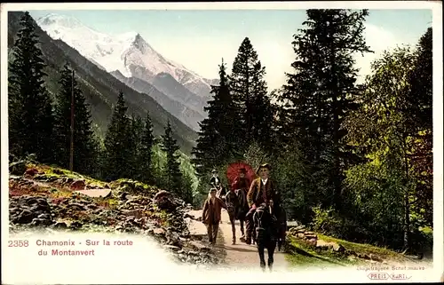 Ak Chamonix Mont Blanc Haute Savoie, en route pour le Montanvert, Panorama, Eselreiten