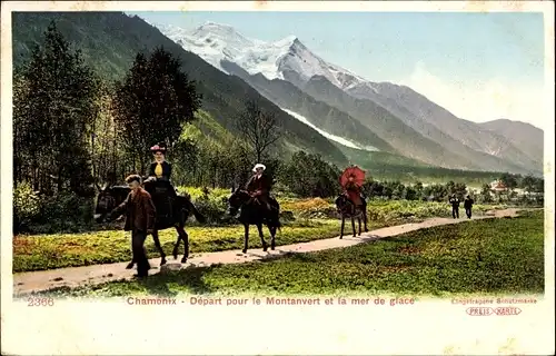 Ak Chamonix Mont Blanc Haute Savoie, Départ por le Montanvert et la mer de glace, Eselreiten