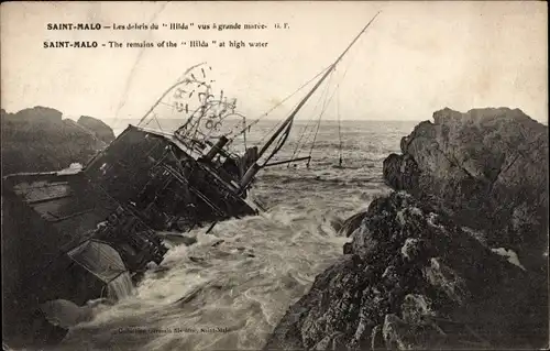 Ak Saint Malo Ille et Vilaine Bretagne, Shipwreck of the Hilda 1905