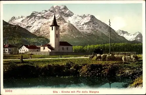 Ak  Sils im Engadin Kt. Graubünden, Kirche mit Piz della Margna