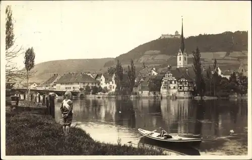 Ak Stein am Rhein Kanton Schaffhausen, Panorama, Boot, Fluss